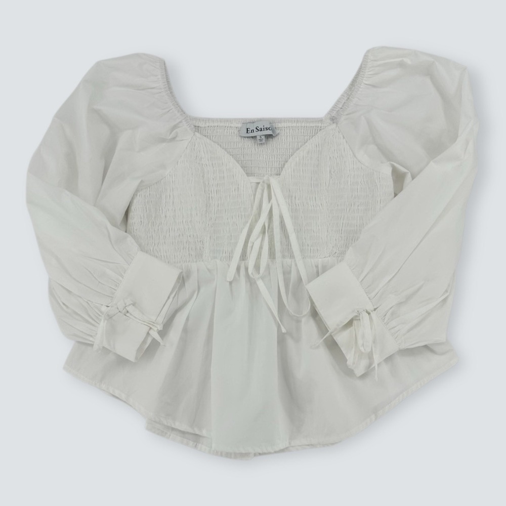 En Saison White Smocked Puff Sleeve Peplum Blouse Size S - Picture 8 of 11